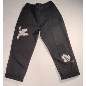 Womans Black High Waisted Denim Capris With Mickey And Minnie Embroidered Patch
